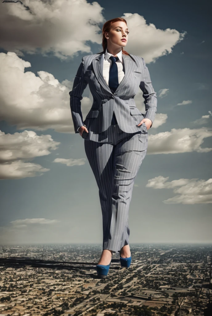 Giantess art, tera giantess in distance walking on countries, young women with beautiful curves, massive thighs, ginger hair in Classic french braids, lipstick, wearing a perfect form-fitting light grey pinstripe trouser suit and blazer, crisp white shirt with large spread collar, large blade width Windsor knot blue tie, with massive breasts. She is wearing platform high heels A towering woman looking at viewers, Her curvy body. She seems to be casually strolling through the bustling cityscape of LA City, as towering buildings loom overhead. Smoke and clouds roil around her, adding to the sense of epic scale and drama. The lighting is dark, gloomy, and realistic, creating a tense and ominous atmosphere. The perspective is from below, emphasizing the sheer majesty and power of the A towering Giantess. This image is highly detailed, photorealistic, best quality, a masterpiece, with cinematic lighting, ultra-detailed, long ponytail hair with front bangs, high altitude photography, satellite view, a curvy figure, heaving bosom, legs, a stepping on mulitple mega city,, destruction, buildings, roads, a cloudy, overcast, hazy atmosphere, and wispy clouds. Pov