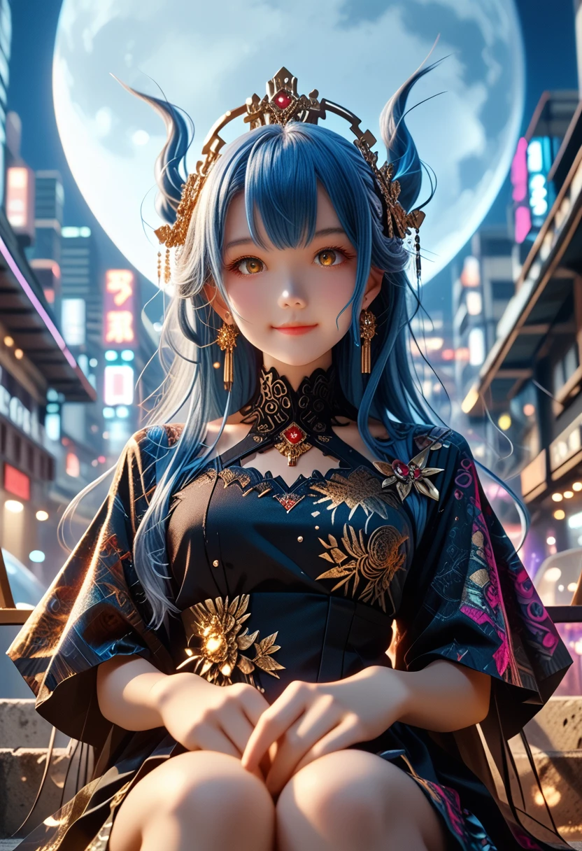 (masterpiece, best quality;1.3), extremely detailed ,ultra detailed,  1GIRL,solo,  twin tail,  large breast, evil smile, gundam(rx78), science fiction, mecha, , blue hair, solo, hair ornament, long hair, twin tail, gold eyes, jewelry, earrings, looking at viewer,shinjuku city background,night, many neon signs, moon base, detailed dress, micro mini skirt,  from below, sitting,, bust shot,