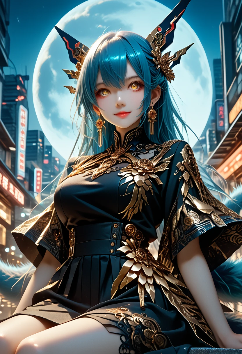 (masterpiece, best quality;1.3), extremely detailed ,ultra detailed,  1GIRL,solo,  twin tail,  large breast, evil smile, gundam(rx78), science fiction, mecha, , blue hair, solo, hair ornament, long hair, twin tail, gold eyes, jewelry, earrings, looking at viewer,shinjuku city background,night, many neon signs, moon base, detailed dress, micro mini skirt,  from below, sitting,, bust shot,