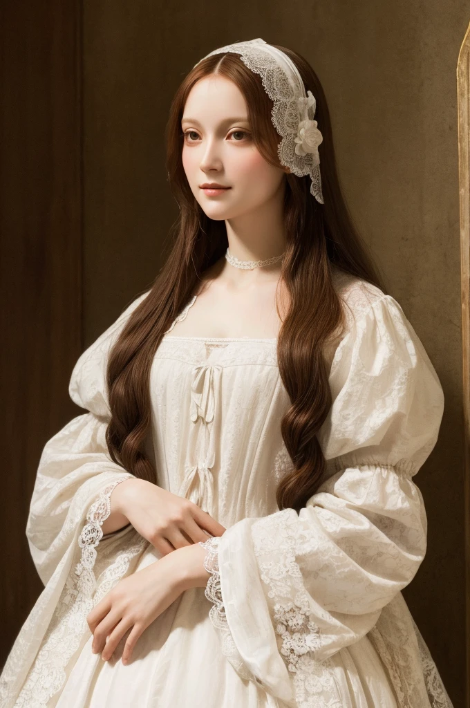 A girl in a white lace dress with Leonardo da Vinci&#39;s notes in the background、Image of À la Fed, A stunningly young and elegant person, Magical Girl Portrait, Portrait of a Young Witch girl, Girl in steampunk clothes, Musician girl in lace clothes, Natalia Dyer, Dafne Keen, Portrait of a Young Witch, Girl with magical powers, Inspired by Irakli Nadar, Inspired by William Mastester Lockhart, Highest quality, detailed, detailed, masterpiece, high resolution  