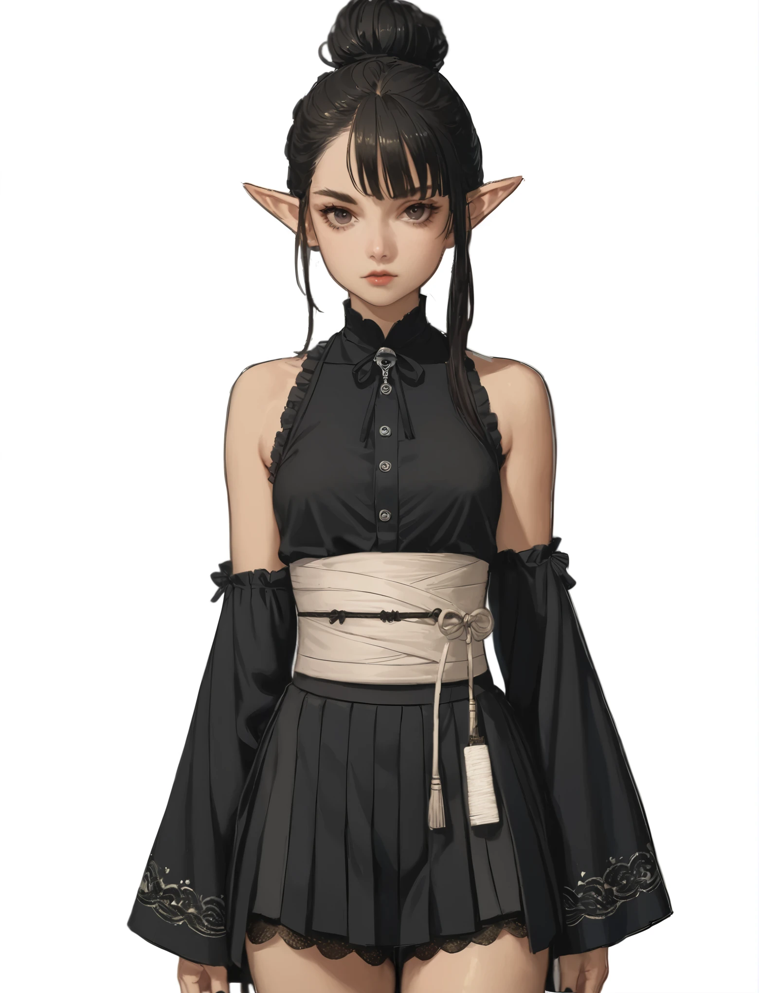 Full body shot of an anime character wearing short black and white hakamas, two ribbons {one at each side of her hairband}, white obi with black and white seigaiha pattern, girl with elf ears, a beautiful young girl with long black hair tied up in one single bun centered on top of her head, asymmetrical chopped bangs sideswept to the right, white hairband with ribbons on both sides of her head, a lock of hair falling in front of the right side of her face. Full shot of an anime character wearing short black and white hakamas, two ribbons {one at each side of her hairband}, white obi with black and white seigaiha pattern, create a digital illustration of full body of a female character with almond-shaped black eyes, elf ears, and round dots instead of eyebrows. For the hairstyle, she should have black hair styled into a single bun at the back of her head, complemented by asymmetrically chopped bangs that transition into a long lock on one side. Her outfit should match short hakama with detached sleeves and frills under the shorts and the sleeves, in a gothic style, featuring intricate white lace patterns, detailed cutouts, and a white obi with a black seigaiha black pattern. The upper part of the outfit should be a kimono blouse with detached sleeves. The outfit should include layered skirts and ribbon details to emphasize a similar aesthetic. Add a muted background that complements her striking attire and hairstyle. Artwork in the style of guweiz, digital art inspired by the style of Ilya Kuvshinov, 8k, high resolution, HDR, vivid colors, dramatic light detailed anime art, 8k, high resolution, dramatic lighting, artwork in the style of guweiz, detailed portrait of anime girl, beautiful anime full body shot, anime realism style, anime style full body shot, anime style, realistic anime art style, digital art ilya kuvshinov, realistic anime artstyle, ilya kuvshinov. Full body shot anime girl, girl wearing black hakama with detached sleeves.
