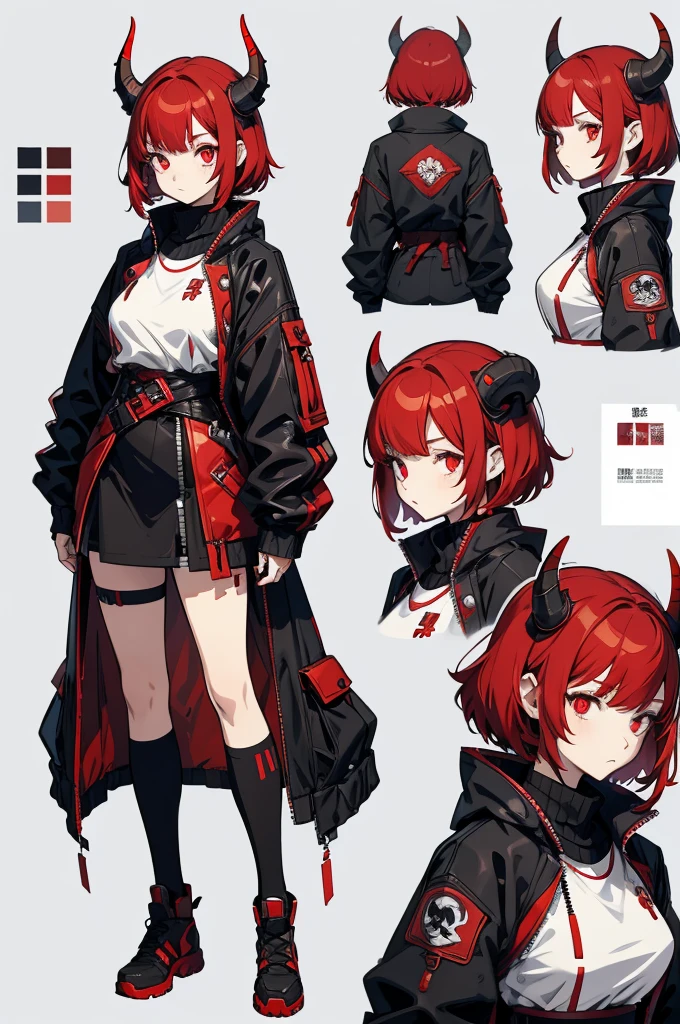 character sheet, red hair strokes, red eyes, short detailed hair, Small horns, Cyberpunk big clothes, lots of hairpins in the hair, Slimming the waist, whole-length, Anime reference, Reference roles from different angles, white backgrounid