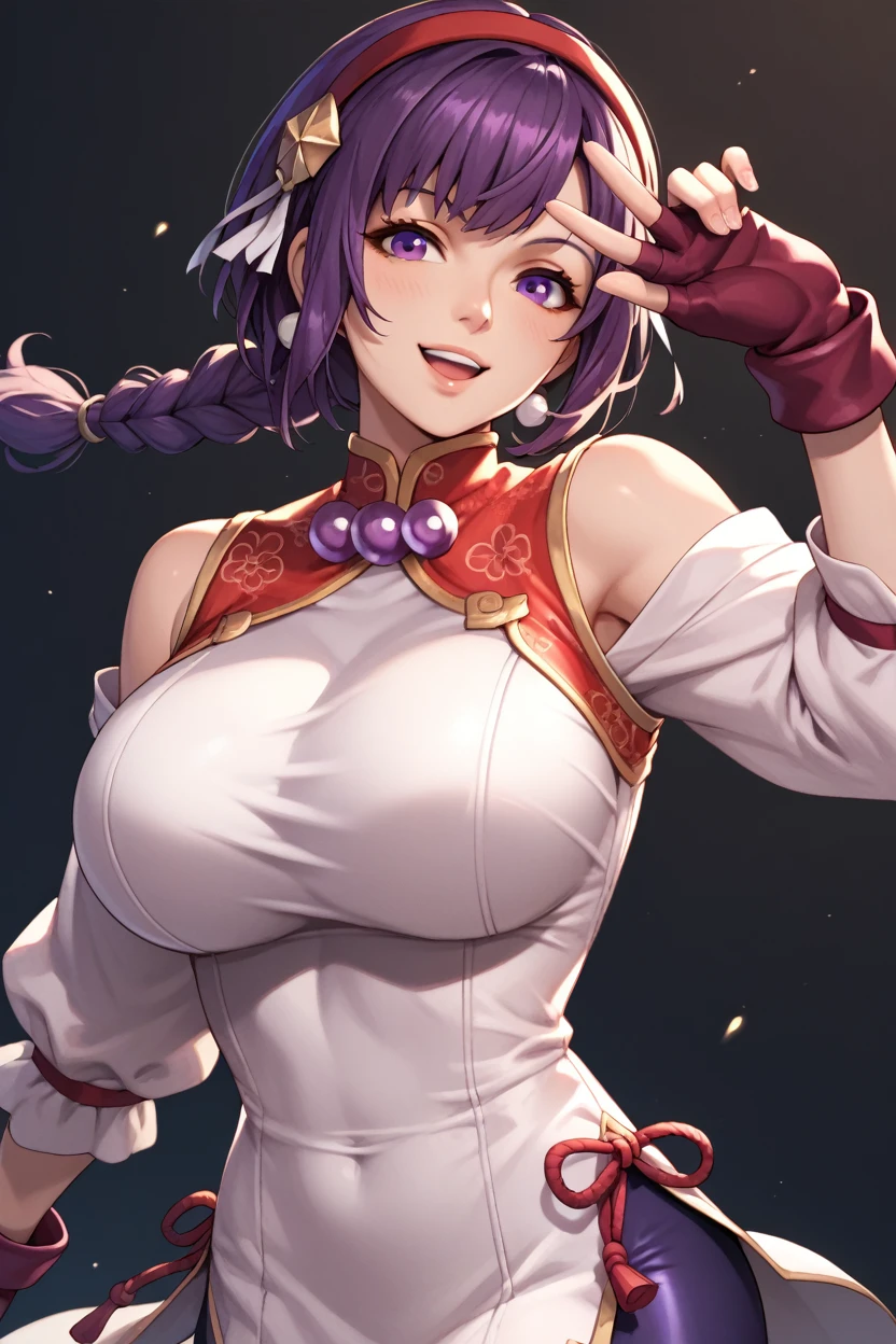 score_9_up, score_8_up, score_7_up,score_6_up, score_5_up, score_4_up , 1girl, solo, huge breasts, AthnaKOFXV, purple hair, purple eyes, red hairband,pearl (gemstone), off-shoulder, white sleeves, fingerless gloves, short china dress, ysakazaki,, ((white dougi)), ((spandex)), fingerless gloves, , brown hair, brown eyes, single braid, flirting, dancing, cowboy shot, simple background