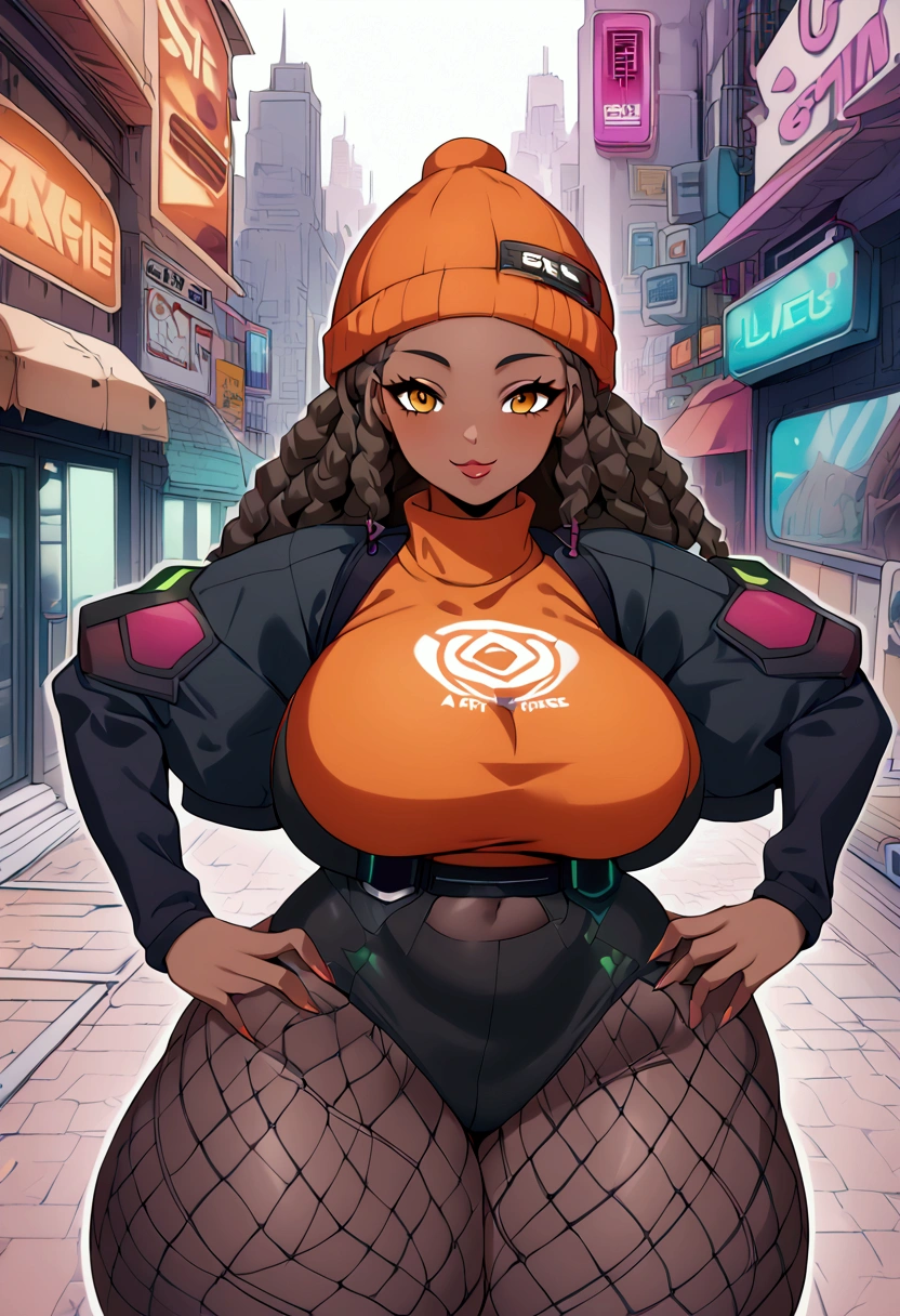 (8k, 4k, intricate),(halfbody-shot:1), (highly detailed:1.2),(detailed background:1.2),((dark skin, beatiful face,plump lips, smiling)), ((big breasts,wide hips, big ass, thick thighs,))((sci-fi aesthetic, futuristic clothing, cyberpunk aesthetic))) 3/4 pose, a cartoon of a woman with dreadlocks and a orange beanie, brown plaid jacket, orange knit sweater, hot pants, fishnet leggings,urban girl fanart, black girl, black teenage girl, beautiful artwork, black anime manga girl, trending on artstration, stunning art style, published art, beautiful city black woman only, in style of digital illustration, black female, trending on deviant art, autumnal empress, beautiful comic art, urban girl fanart, digitally colored, she is wearing streetwear, woman in streetwear, lo-fi illustration style, illustration body illustration, green and black dreadlocks, two toned hair colors character half body portrait, commission for high res, oc commission, anime vibes, cyberpunk art ultrarealistic 8k, cyberpunk style,