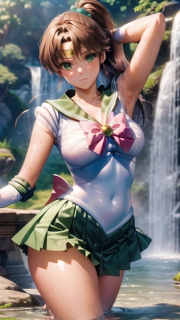 (((masterpiece))), (((High resolution)))、(((8K quality)))、(((Perfect Face)))、 , Looking into the camera, ((最high qualityの目)), (Detailed face), (Detailed Texture), Sailor Jupiter Cosplay Costume、One Girl, Alone, High resolution, Anatomically correct, 最high quality,Please draw the whole body 、My breasts are a little small、White long gloves、Green Skirt、(((By the waterfall、On my knees、Soaking wet)))、One Girl, Alone, High resolution, Anatomically correct, 最high quality, High resolution, masterpiece, Accurate, 最high quality, Very detailed, 超High resolution, Textured skin, high quality, High resolutionモデル, (((Armpit)))