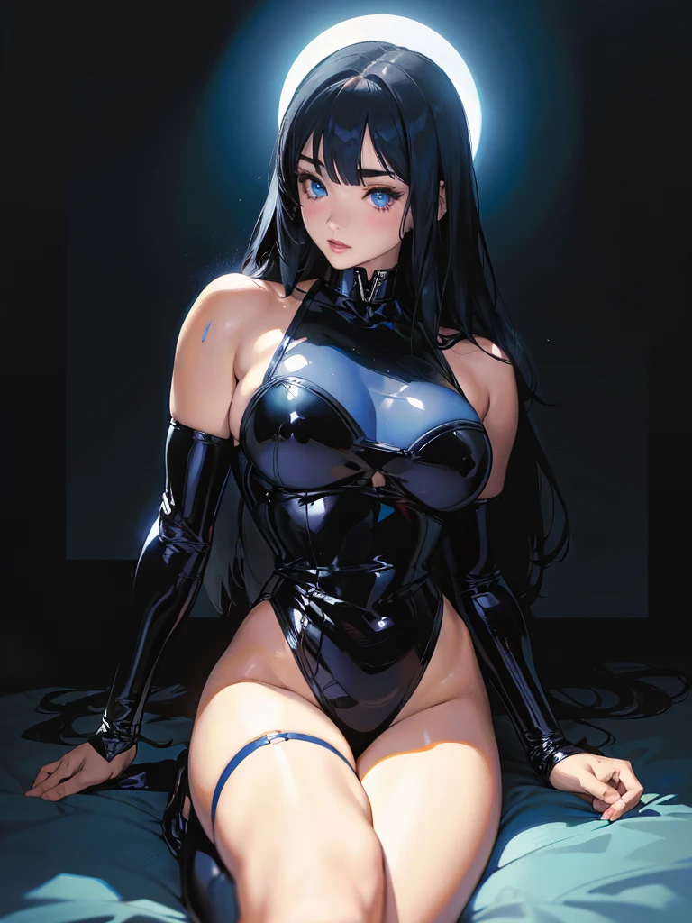 (best lighting) (best quality, masterpiece:1.2), illustration by hajime sorayama, perfect body, hyperfeminine curves, (detailed eyes), (detailed face), femme fatale, woman, very long black hair, bangs, blue eyes, curvy, high fashion, stockings, solo, large blue moon in background, cinematic, soft lighting, portrait