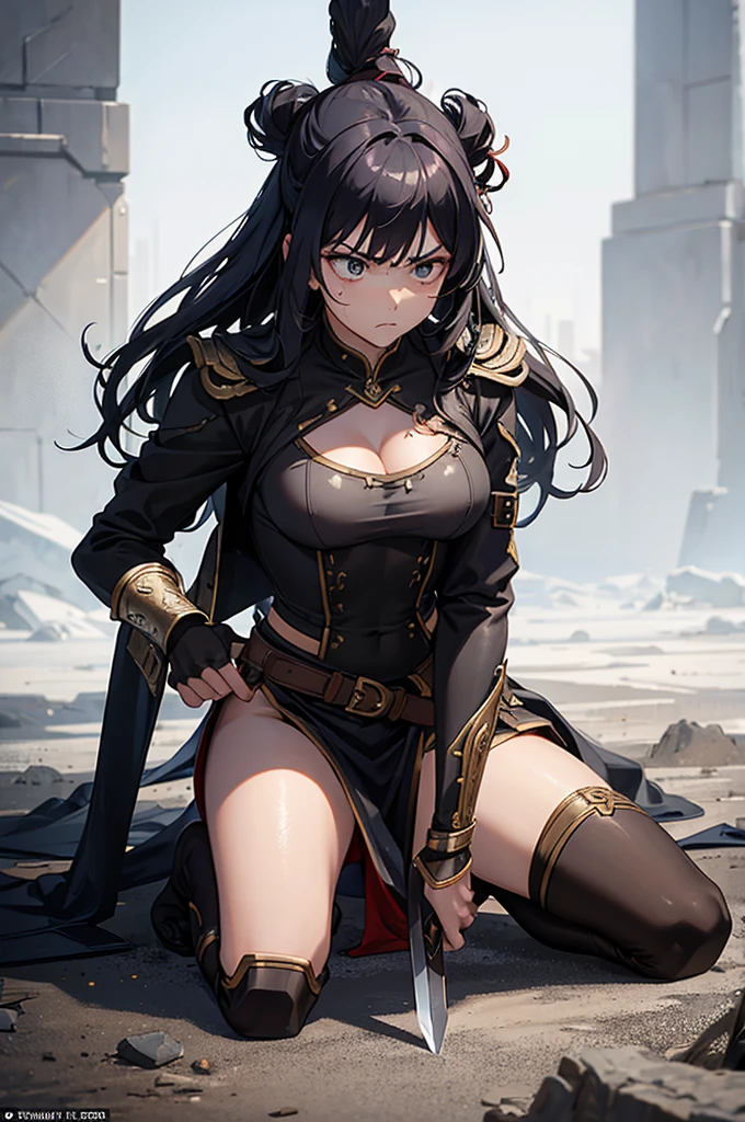 Science fiction, masmorra mais escura, voluptuous woman with curvaceous body wearing big black dress with serious look, sem orelhas de animal, olhos azuis, Black braid, pelos pubianos, altamente detalhado, 4k, obra de arte, cinematic lighting, de cima, sem orelhas de animal