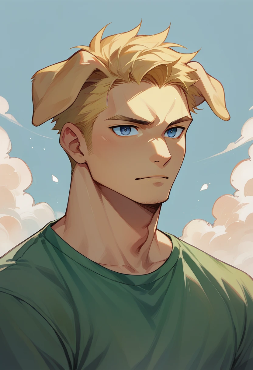 Solo male, muscular, Short hair with yellow forehead, Retriever ears, Overall , Blue eyes, green shirt, 