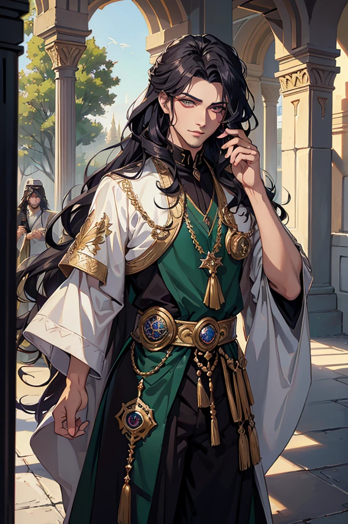 (masterpiece),(highest quality),highres, (extremely detailed),handsome persian man, anime guy, dollish eyelashes, middle-eastern complexion, ((sassanid fahion, sassanian fashion)), (pipe curls, )structured ringlet curls, (marcel waves,) pensive, (glowing emerald eyes), stark kohl-lined eyes, long hair, (sassanid hair), ((kohl, eyeshadow,)), in the style of Arnold Bocklin, colorful eyeshadow, tidy, neat, male, (middle eastern man,) dappled sunlight, kaftan, high standing collar that flares backward, dramatic chiaroscuro,vampire collar, persian brocade, richly embroidered, bjd, 