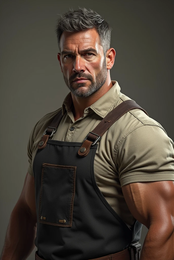 Actor Sylvester Stallone wearing a leather apron 