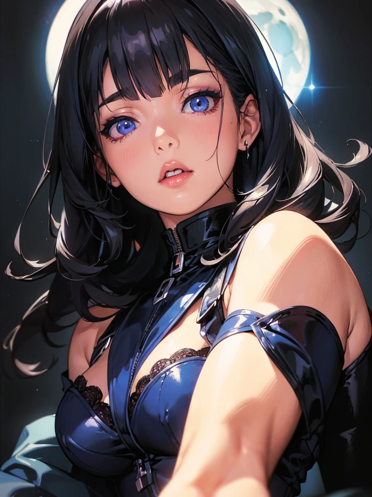 (best lighting) (best quality, masterpiece:1.2), illustration by hajime sorayama, perfect body, hyperfeminine curves, (detailed eyes), (detailed face), femme fatale, woman, very long black hair, bangs, blue eyes, curvy, high fashion, stockings, solo, large blue moon in background, cinematic, soft lighting, portrait