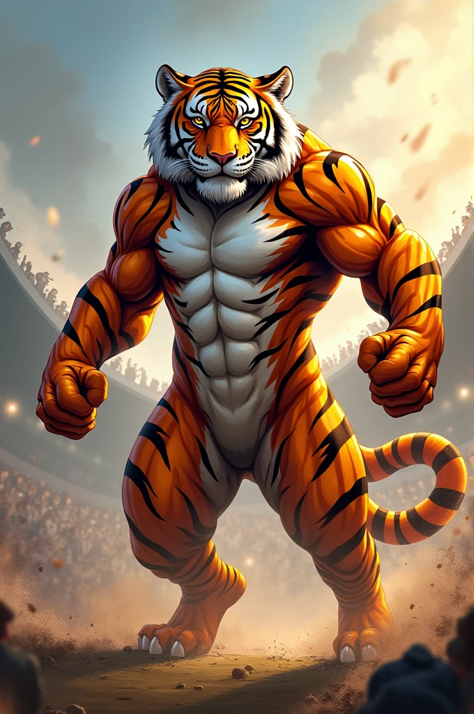 NSFW digital art in full HD featuring Tony the Tiger from Frosted Flakes, a male tiger, with many effects, details, coloring, and various other styles. Highly bara and hot, with a muscular, detailed, and semi-nude body.