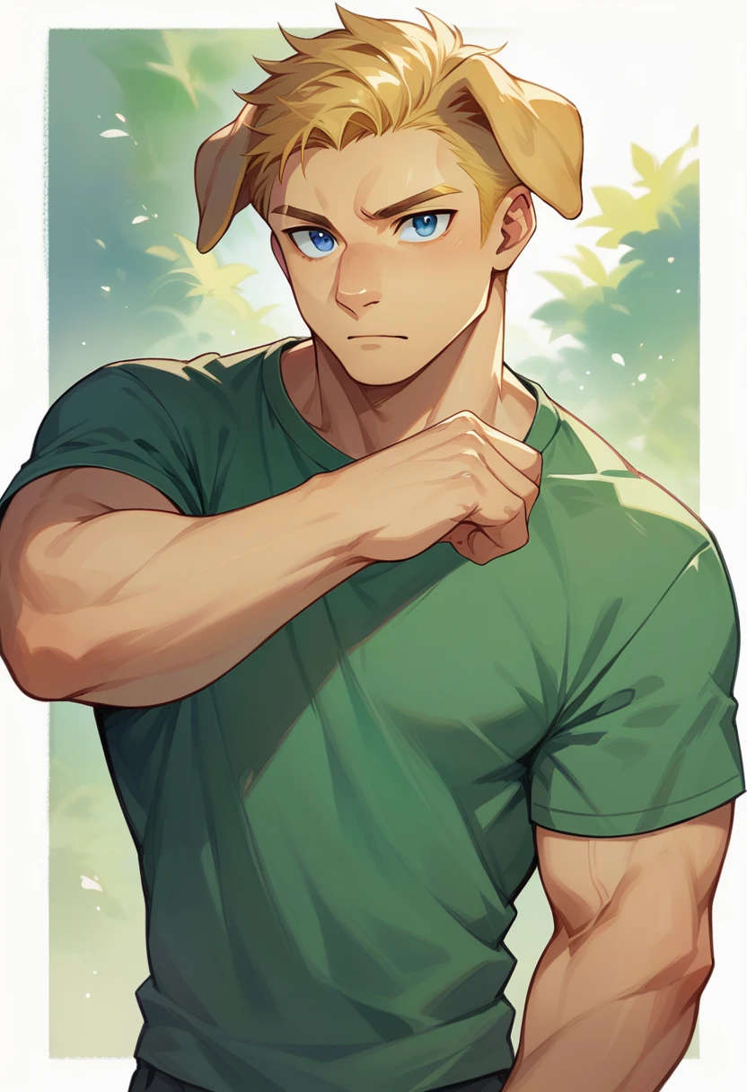 Solo male, muscular, Short hair with yellow forehead, Retriever ears, Overall , Blue eyes, green shirt, Best quality