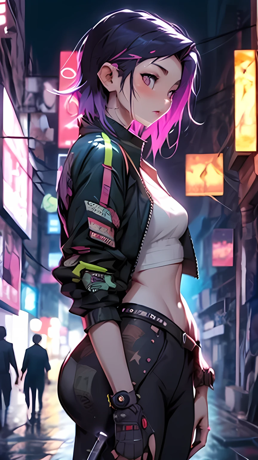 ((Highest quality)), ((masterpiece)), (Very detailedな体と顔:1.3), 3d, beautiful (cyber punk:1.3), Unreal Engine:1.4,Ultra-Real CG K, Realistic:1.4, Texture Skin: 1.4, Shave the sides、A anime with a petrol blue mohawk, Very detailed, ((Weapons in hand)), (((Futuristic post-apocalyptic Mad Max movie style background))), (((Neon pink and cyan night light))), Night Images, At night, 32K