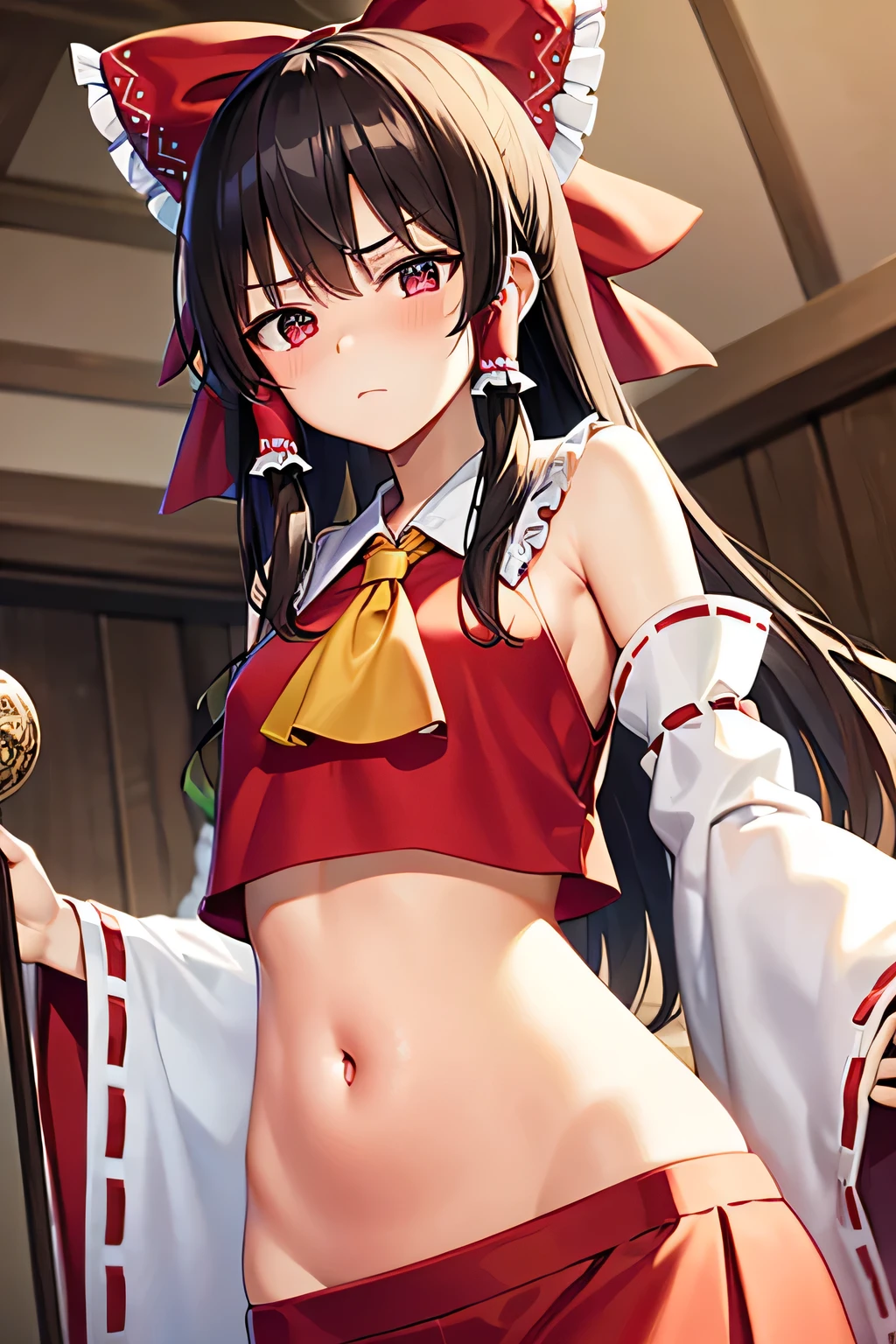 super fine illustration, vibrant colors, masterpiece, sharp focus, best quality, depth of field, cinematic lighting, ultra detailed, blush, shocked, annoyed, open mouth, embarrassed, hands on face, navel, belly button, tummy, hips, shrine maiden, hakurei reimu, 1girl, hair bow, ascot, hair tubes, detached sleeves, looking down, red shirt, red skirt, long skirt, long hair, dark brown hair, indoors, mature woman,