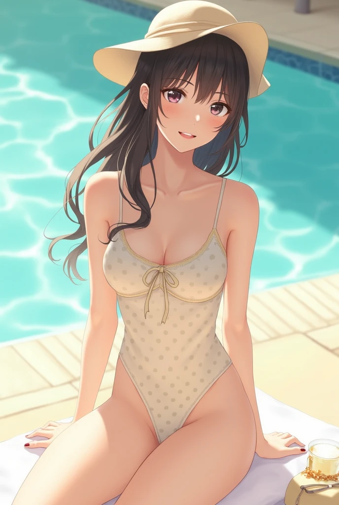 Slender beautiful girl, school swimsuit with floral pattern on white, high resolution, top quality, super detail, fine details, no blush cheeks, knee high, pool, splash, bathing, sunny sky, wet skin, small breasts