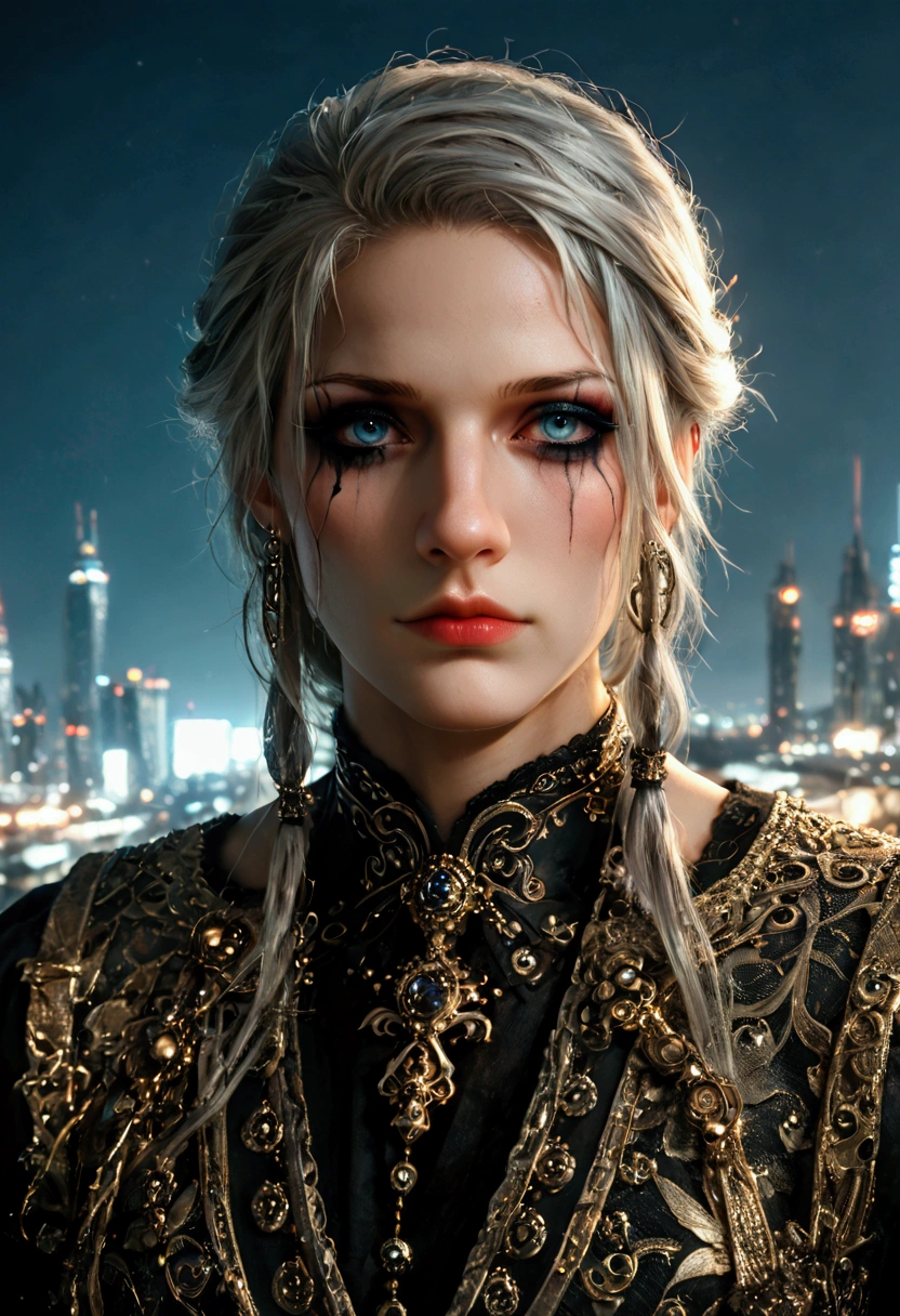 a female comic book antagonist, grunge, twinkling lights, canon eos 6d mark ii, cmyk color, aluminum, fantasy, futuristic cityscape backdrop, unreal engine, by geralt brom, high quality, 8k, extremely detailed, photorealistic, vivid colors, dramatic lighting, cinematic, intricate details, ornate, ornamental, intricate patterns, moody atmosphere, dramatic shadows, striking poses, piercing gaze, confident expression, dynamic composition, highly detailed face, expressive eyes, elegant hairstyle, alluring outfit, bold makeup, menacing presence, powerful aura