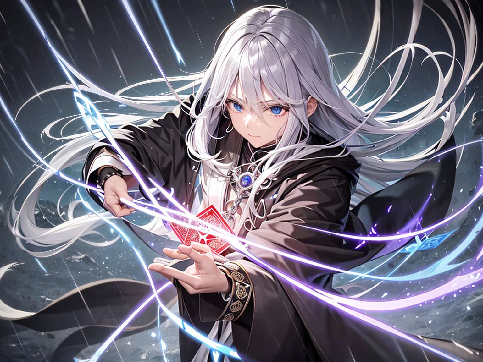 Elemental Magician、Draw a powerful magic square、A magic square is laid out on the ground、Black blades rain down、The magician is chanting、Silver Hair、Long Hair、Silver bracelet on left hand、Scarlet Robe