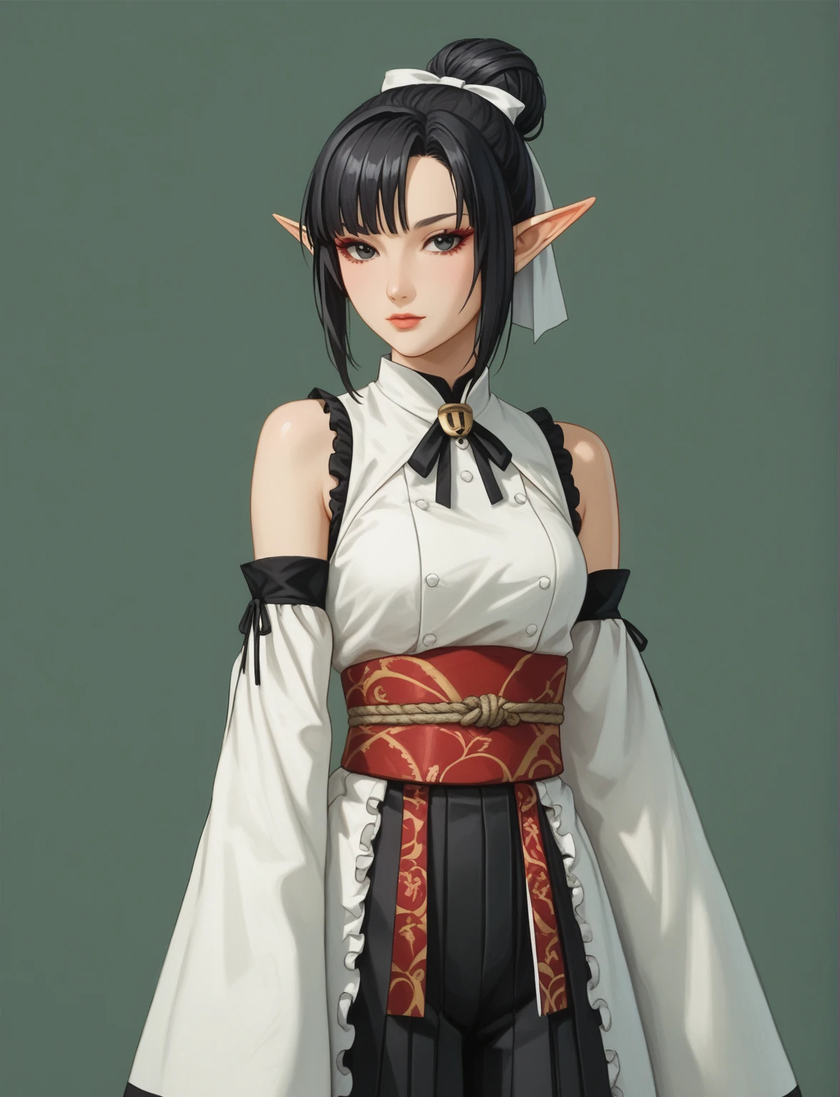 Create a digital illustration of a female character with almond-shaped black eyes, elf ears, and round dots instead of eyebrows. For the hairstyle, she should have black hair styled into a single bun at the back of her head, complemented by asymmetrically chopped bangs that transition into a long lock on one side. Her outfit should match short hakama with detached sleeves and frills under the shorts and the sleeves, in a gothic style, featuring intricate white lace patterns, detailed cutouts, and a white obi with a black seigaiha black pattern. The upper part of the outfit should be a sleeveless kimono blouse. The outfit should include layered skirts and ribbon details to emphasize a similar aesthetic. Add a muted background that complements her striking attire and hairstyle. Artwork in the style of guweiz, digital art inspired by the style of Ilya Kuvshinov. An anime character wearing black hakama with detached sleeves and a bow on her back, elf ears, a beautiful young woman with long black hair tied up in a single bun, wearing a white headband with ribbons on both sides of her head, a lock of hair falling in front of the right side of her face. 