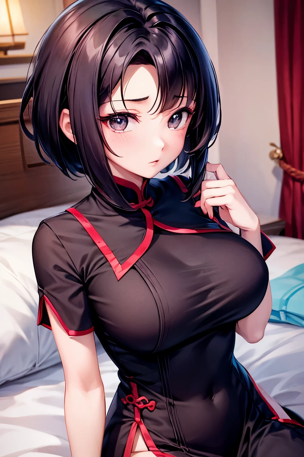 Zhuxin, in bed, black hair and cut hair, light shirt and no bra, anime visual of a cute girl, screenshot from the anime film, & her expression is solemn, in the anime film, in an anime, anime visual of a young woman, she has a cute expressive face, still from anime, big breast, red cheek, lustful face, fair skin