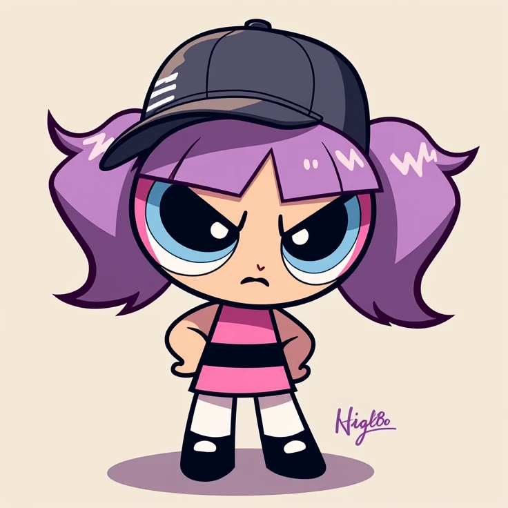 an image of a super powerful (from the cartoon the powerpuff girls) in my way. Original. Olha, First I want you to make the image art look like the real drawing. I wanted to make her more badgirl, with a backwards cap and spiky hair like the male version of the Powerpuff Girls. Put on a MULLET-like hairstyle with some PURPLE highlights but in a pastel color.