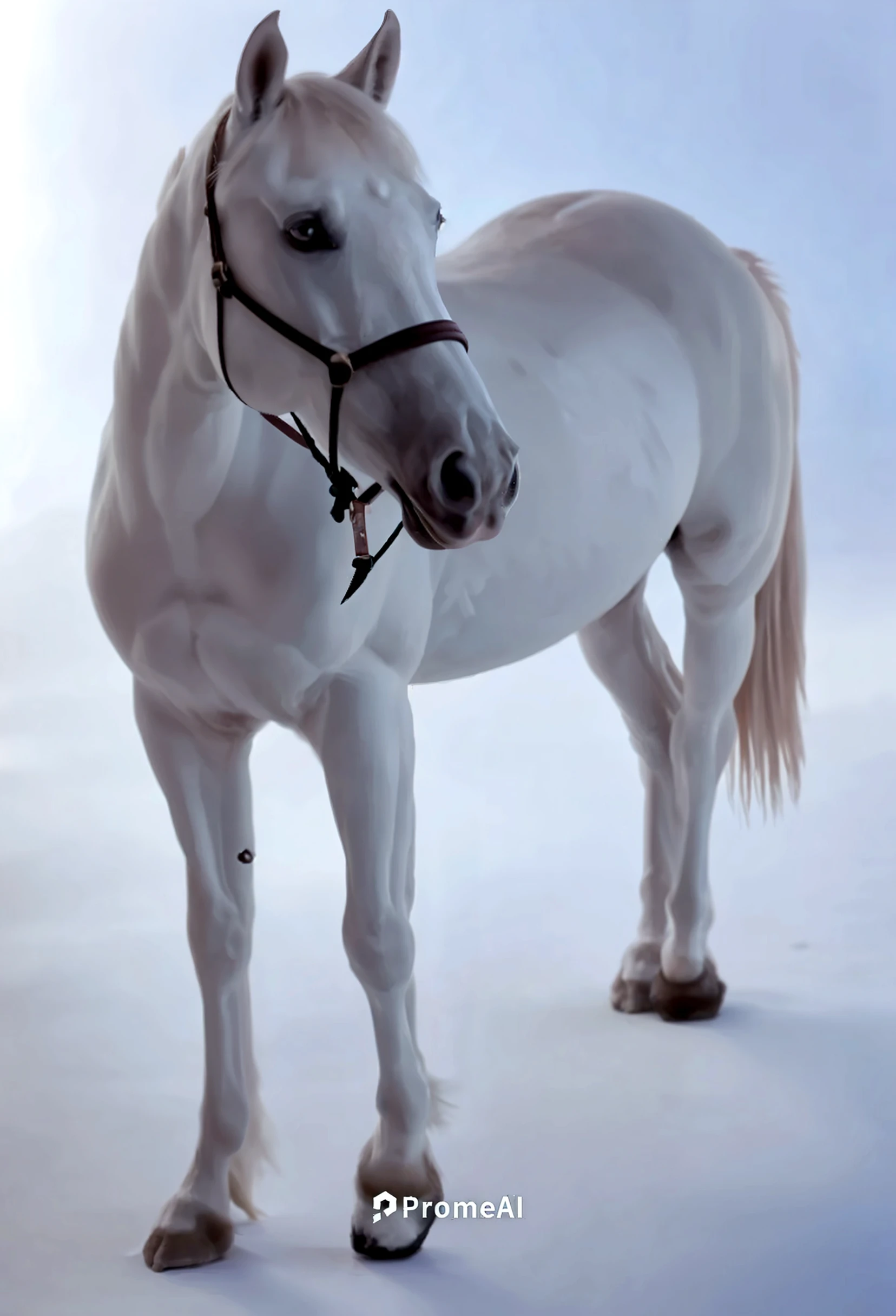 white stallion in snowfall with snowflakeson his fur, sharp focus, intricate, zbrush, high contrast, high dynamic light, highly detailed, 3D, ray tracing, unreal engine, octane render