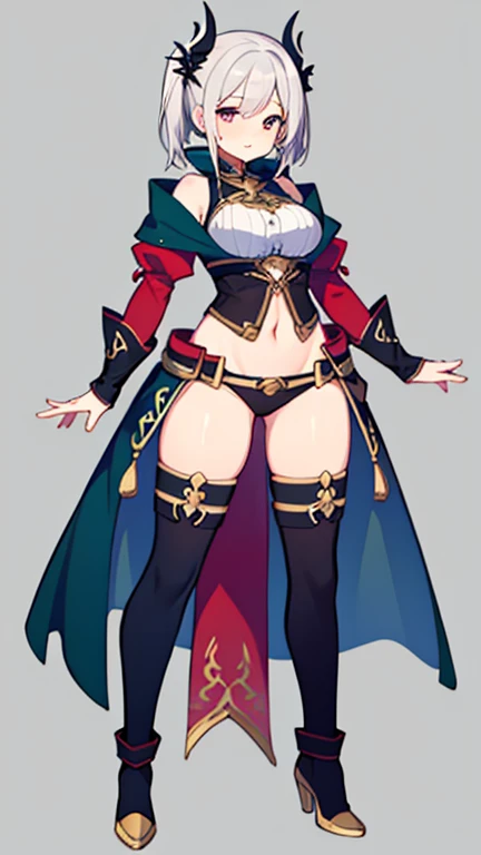 ((master piece)),(((best quality))),(Character design sheet, Same character, same outfit, Front view, side view, back view), illustration, 1 girl, Only, beautiful girl , genshin impact style, full body, archer, purple archer costume, big archer hat, golden eyes, long black hair, medium breasts, corset, open legs, thick thighs, black tights on the thigh, big butt.