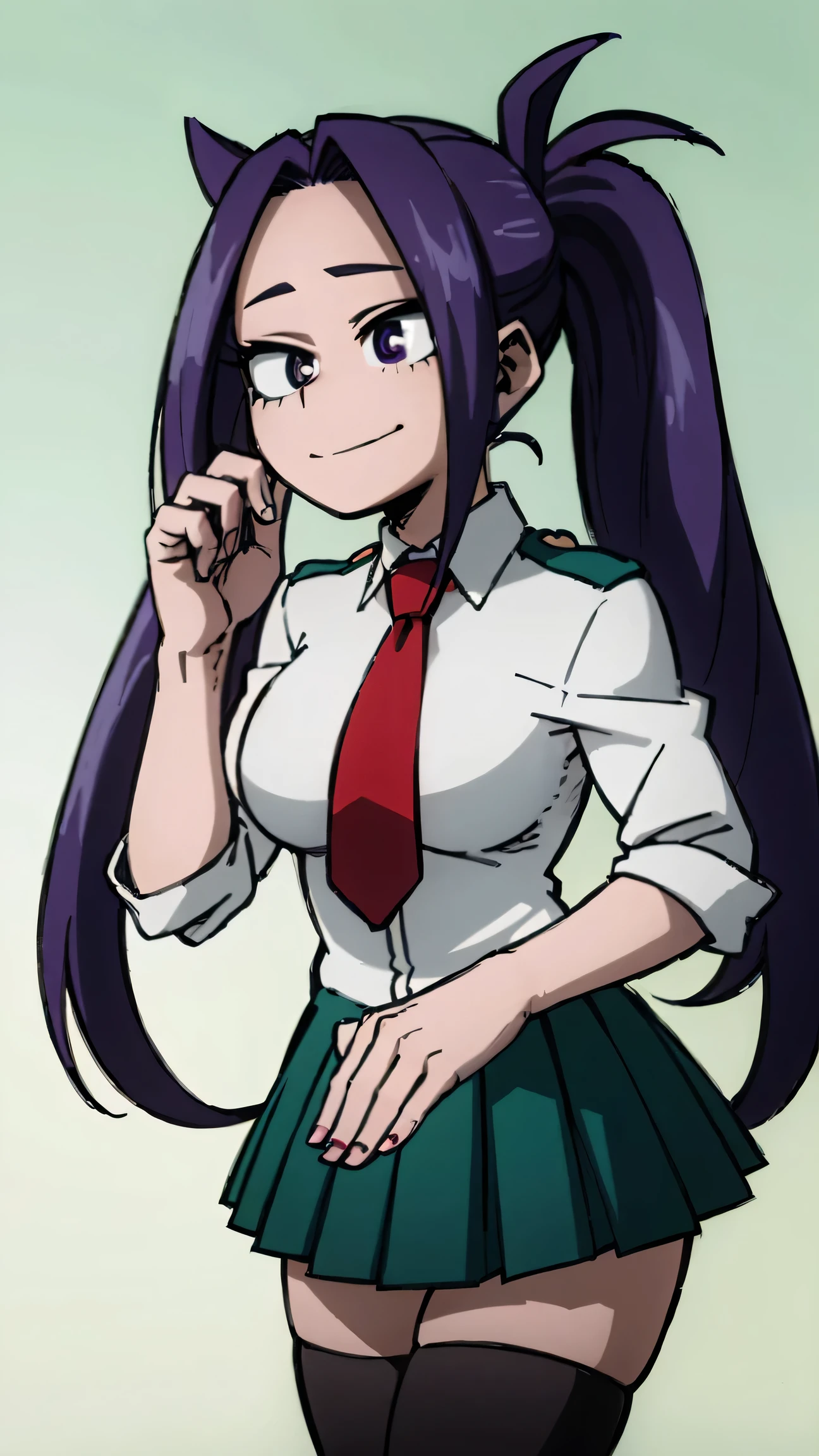 ((best quality)), ((masterpiece)), (detailed), 1girl, big breasts, smirk, long high-twintails hair, purple hair, purple eyes, u.a school uniform, grey jacket, red necktie, green skirt, Horikoshi kouhei style, mlpsonata