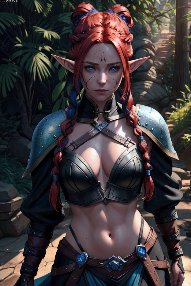 16K, Ultra High Definition, Super detailed, Shiny detailed hair, detailed face, fantasy landscape, solo, looking at viewer, {{best quality}}, {{masterpiece}}, {{ultra-detailed}}, {detailed light}, ultra high quality eyes, detailed eyes, perfect eyes, large eyes, detailed purple eyes, beautiful lips, red hair, long hair, long horse tail, hair ornament, elf ears, earrings, beautiful, skinny body, white skin, slutty, erotic, suggestive, ((nsfw))