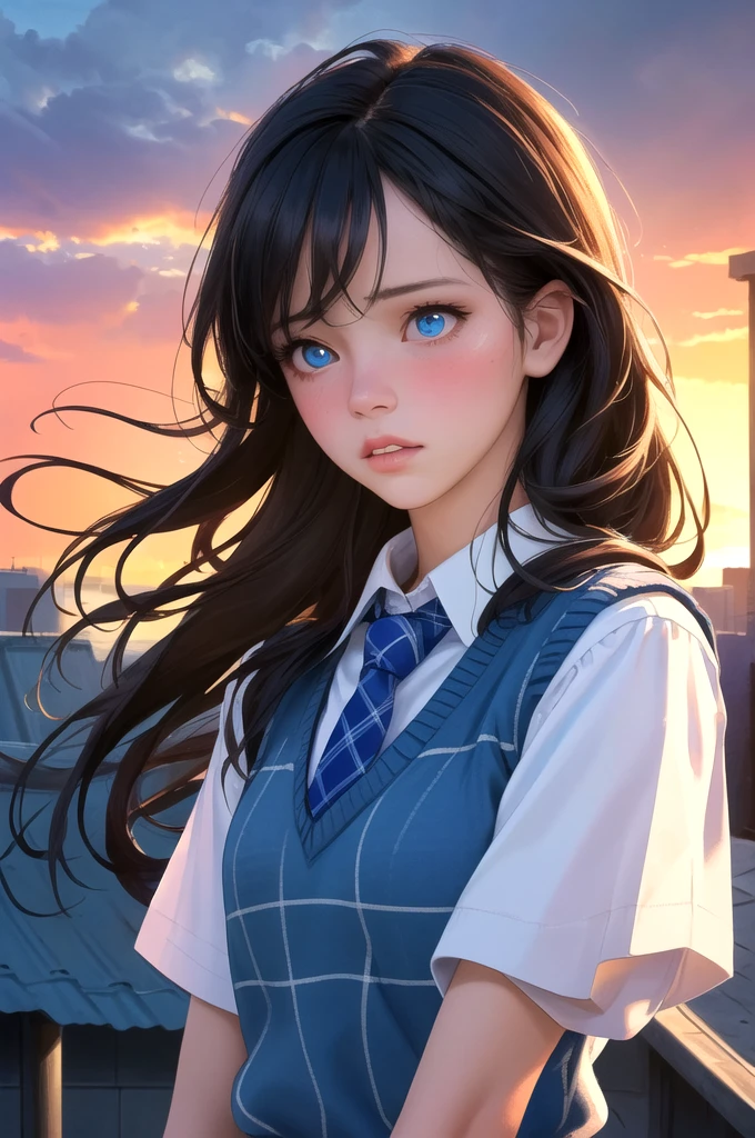 I need a young school girl who is extremely beautiful standing in a vibrant green meadow where all the stars, moon and other celestial objects are visible in cosmic blue color and are endlessly vast. The vastness of the cosmos should be extremely pronounced in the image.