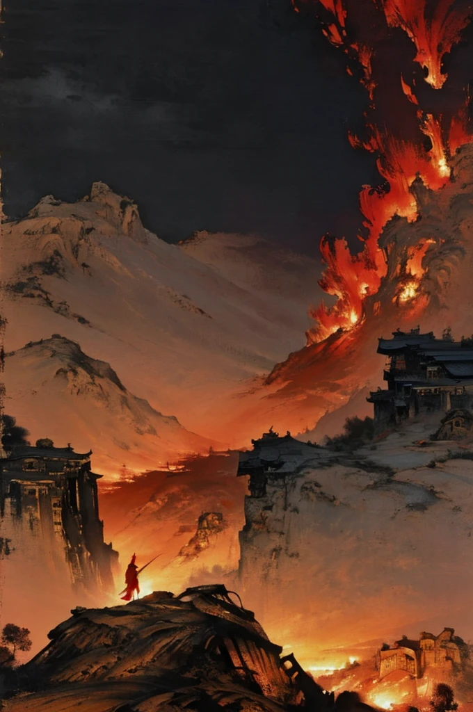 Chinese ink painting style。In the distance, a man in golden armor,Man in red cape fighting,Blood red sky,Huge pulsating blood vessels run through it。Surrounded by collapsed landscape and buildings。Rich in details。