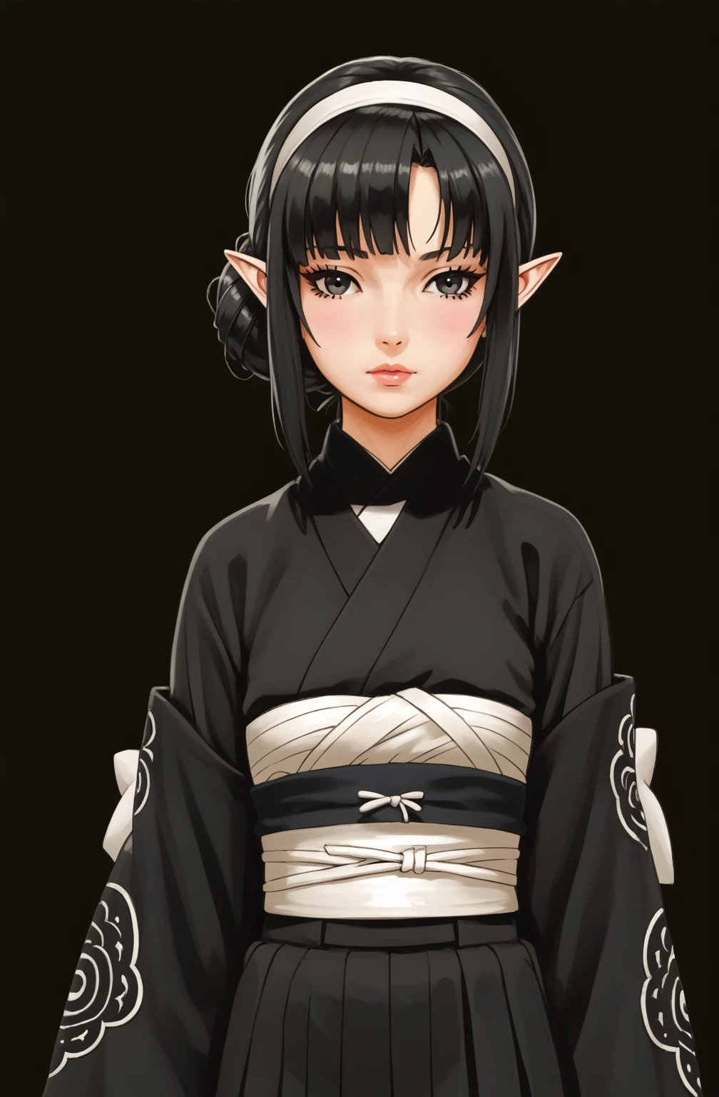 An anime character wearing short black and white hakamas, two ribbons {one at each side of her hairband}, white obi with black and white seigaiha pattern, girl with elf ears, a beautiful young girl with long black hair tied up in one single bun centered on top of her head, asymmetrical chopped bangs sideswept to the right, white hairband with ribbons on both sides of her head, a lock of hair falling in front of the right side of her face. Full shot of an anime character wearing short black and white hakamas, two ribbons {one at each side of her hairband}, white obi with black and white seigaiha pattern, create a digital illustration of full body of a female character with almond-shaped black eyes, elf ears, and round dots instead of eyebrows. For the hairstyle, she should have black hair styled into a single bun at the back of her head, complemented by asymmetrically chopped bangs that transition into a long lock on one side. Her outfit should match short hakama with detached sleeves and frills under the shorts and the sleeves, in a gothic style, featuring intricate white lace patterns, detailed cutouts, and a white obi with a black seigaiha black pattern. The upper part of the outfit should be a kimono blouse with detached sleeves. The outfit should include layered skirts and ribbon details to emphasize a similar aesthetic. Add a muted background that complements her striking attire and hairstyle. Artwork in the style of guweiz, digital art inspired by the style of Ilya Kuvshinov, 8k, high resolution, HDR, vivid colors, dramatic light detailed anime art, 8k, high resolution, photorealistic, dramatic lighting, artwork in the style of guweiz, detailed portrait of anime girl, beautiful anime portrait, anime realism style, anime style portrait, anime style 4 k, realistic anime art style, digital art ilya kuvshinov, realistic anime artstyle, ilya kuvshinov. Portrait anime girl, girl wearing black hakama with detached sleeves.