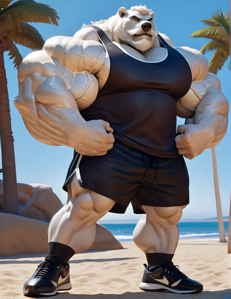 huge muscular polar bear in muscle beach, big Lou Ferrigno flex-like, grunting noise, polar bear, huge white fur, thick arm, huge arm, added thick mustache, added thick beard. Short white hair, (veiny muscular, veiny pectoral, wide pectoral, thick arms), beach, palm, realistic, 8k, masterpiece, gray eyebrows added, deatiled eyes with blue pupils, (wearing black gym shorts, black wristbands added, black gym tank top, black socks and black gym shoes), flexing off, posing off, showing off his biceps and pecs,