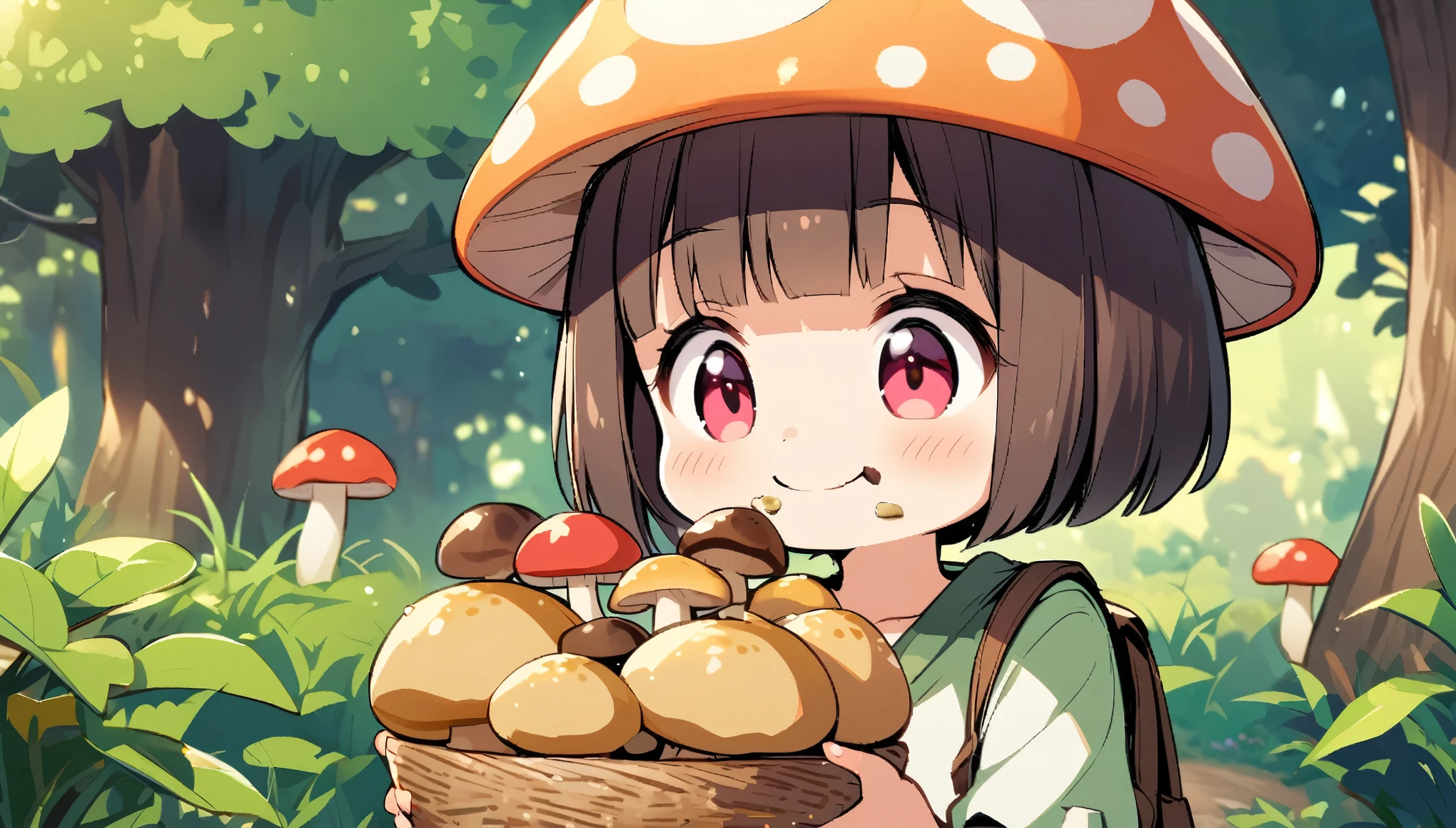 Red eyes, girl, holding a knife, greenish yellow striped shirt with thicker stripes, Red eyes brillando rojo, tilted head, short brown hair mushroom head, with a clear smile on his face, chara, two-dimensional, standing among golden flowers with a ray of light above his head, Adult, huge breasts,