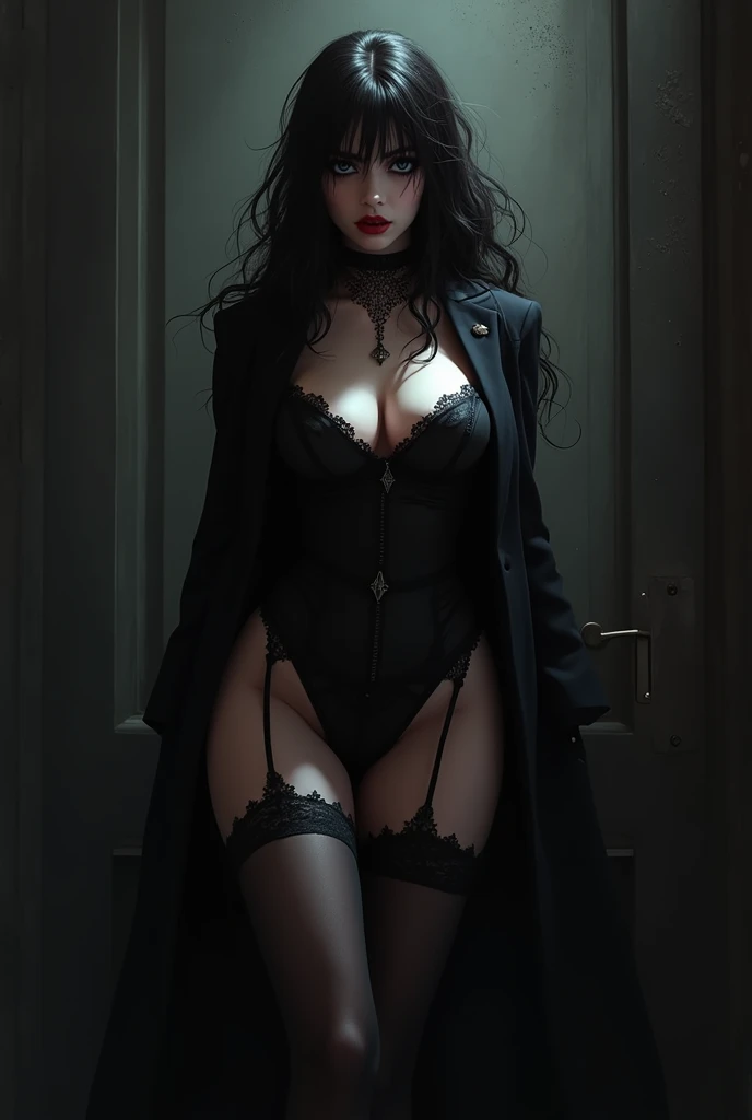 Describe a scene where a female vampire from the Tremere clan, with aristocratic features and mesmerizing eyes, is to seduce someone in a dark and mysterious environment. She is dressed in elegant clothes and displays an aura of power and mystery.... Your gaze is penetrating and seductive, as she uses her manipulation skills to lure the victim closer, involving her in a dangerous game of desire and fascination. The atmosphere around you is charged with tension and excitement., with shadows dancing around, further enhancing the atmosphere of seduction and mystery, wearing red lingerie, nsfw, high heel boots 
