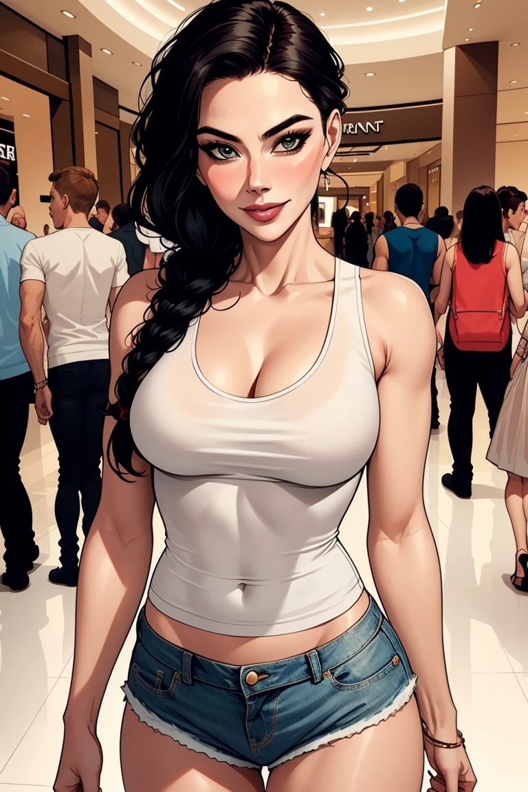 Amazing cowboy shot of a sexy woman wearing her black braided hair, seductively gazing and smiling, soft lips, blushing intensely, white tank top, denim shorts , medium chest, perfect body, at mall, Nicole Kidman
