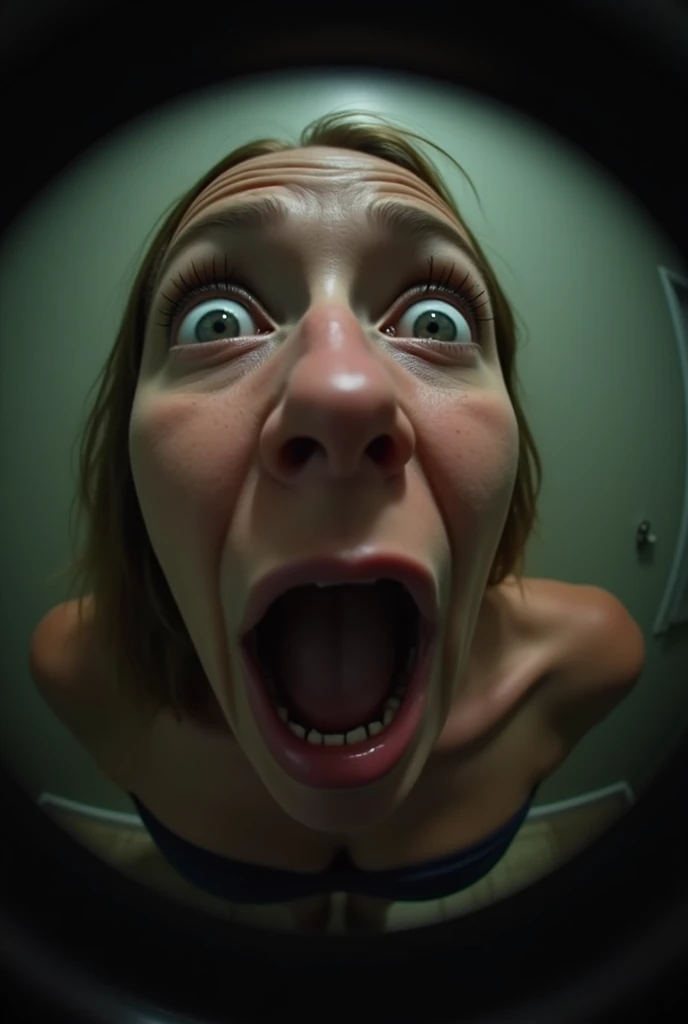 Pov when the stepmother is pregnant and her face is looking at you and has opened her mouth and wants to eat you because her body is big and tall, she wants to put you in her stomach when she is alone in the room, fish eye view, iphone camera style. HD, realface
