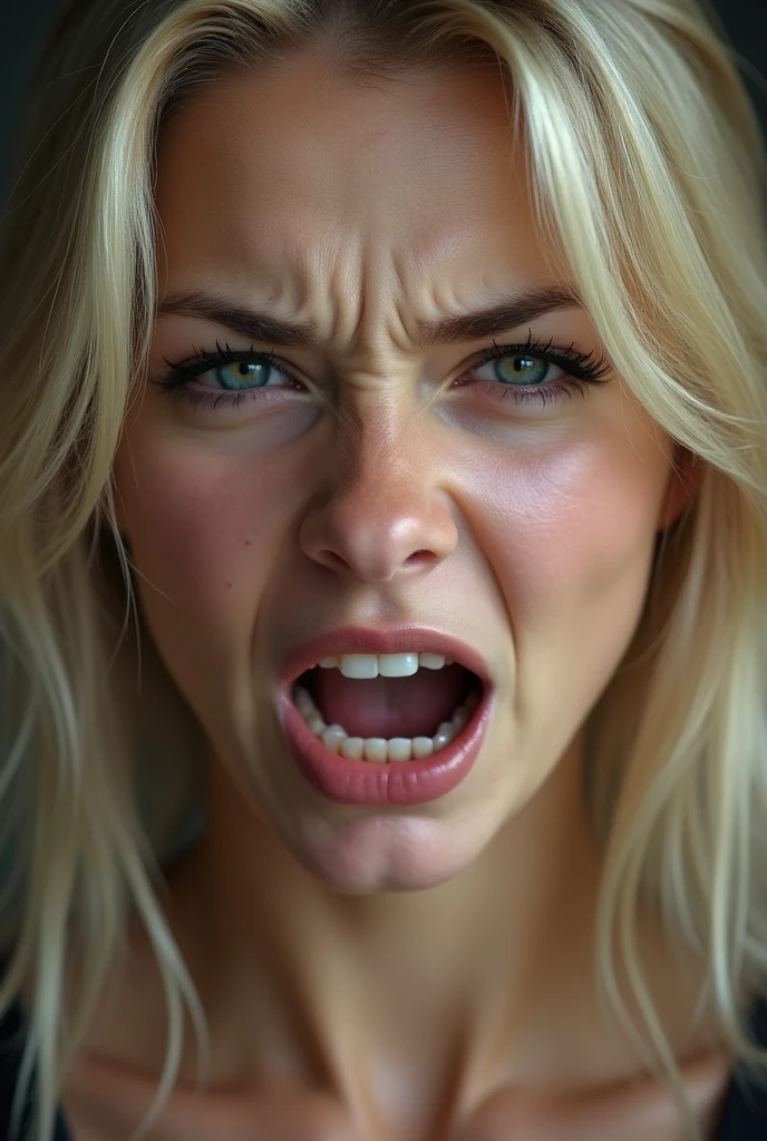 Pretty blonde woman sexy blue eyes big scared with mouth and eyes very wide open from the front