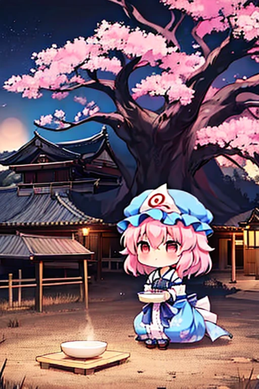 saigyouji yuyuko having a picnic under a cherry blossom tree eating gourmet food, night cherry blossom, moonlit night, drinking sake, having a picnic, small chest, default clothes, saigyouji yuyuko, saigyou_ayakashi, Only_tree, 1Chibi princess, stand next to 🐎, smirk, cute, (Chibi　Riding a pure white horse