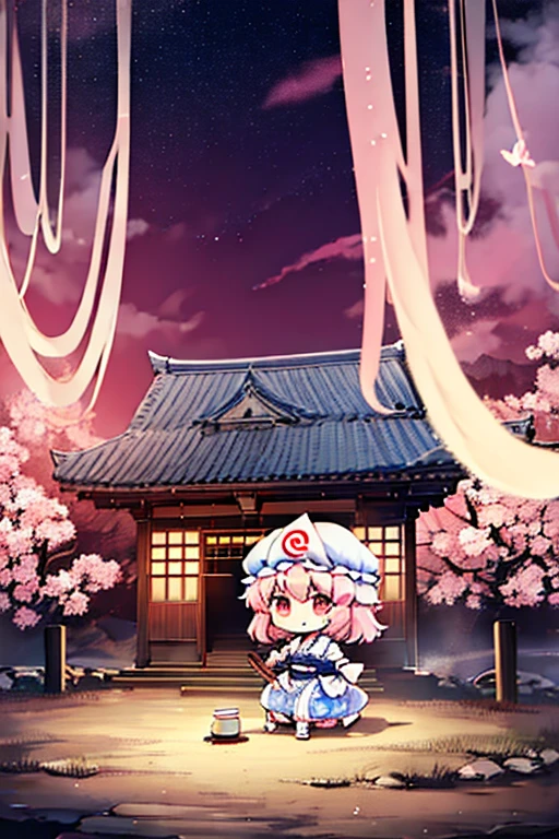 saigyouji yuyuko having a picnic under a cherry blossom tree eating gourmet food, night cherry blossom, moonlit night, drinking sake, having a picnic, small chest, default clothes, saigyouji yuyuko, saigyou_ayakashi, Only_tree, 1Chibi princess, stand next to 🐎, smirk, cute, (Chibi　Riding a pure white horse