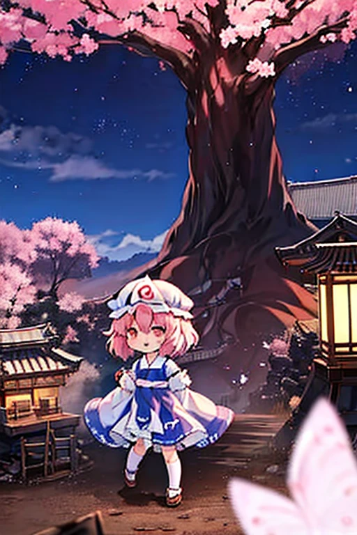 saigyouji yuyuko having a picnic under a cherry blossom tree eating gourmet food, night cherry blossom, moonlit night, drinking sake, having a picnic, small chest, default clothes, saigyouji yuyuko, saigyou_ayakashi, Only_tree, 1Chibi princess, stand next to 🐎, smirk, cute, (Chibi　Riding a pure white horse