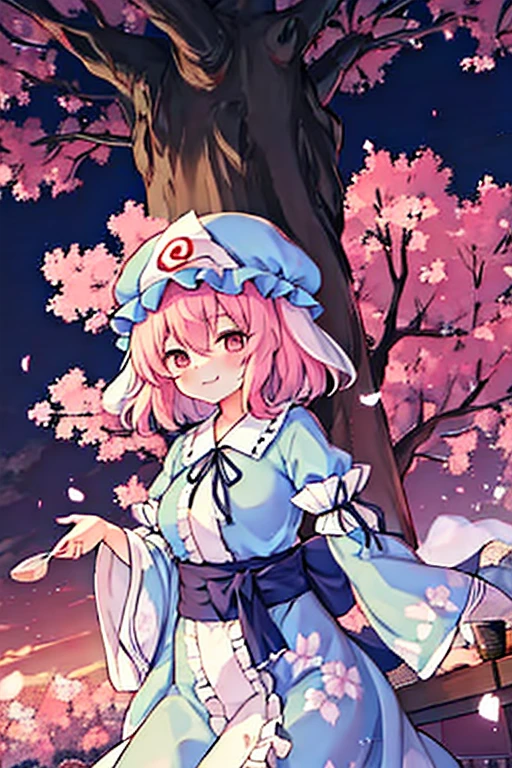 saigyouji yuyuko having a picnic under a cherry blossom tree eating gourmet food, night cherry blossom, moonlit night, drinking sake, having a picnic, small chest, default clothes, saigyouji yuyuko, saigyou_ayakashi, Only_tree, 1Chibi princess, stand next to 🐎, smirk, cute, (Chibi　Riding a pure white horse