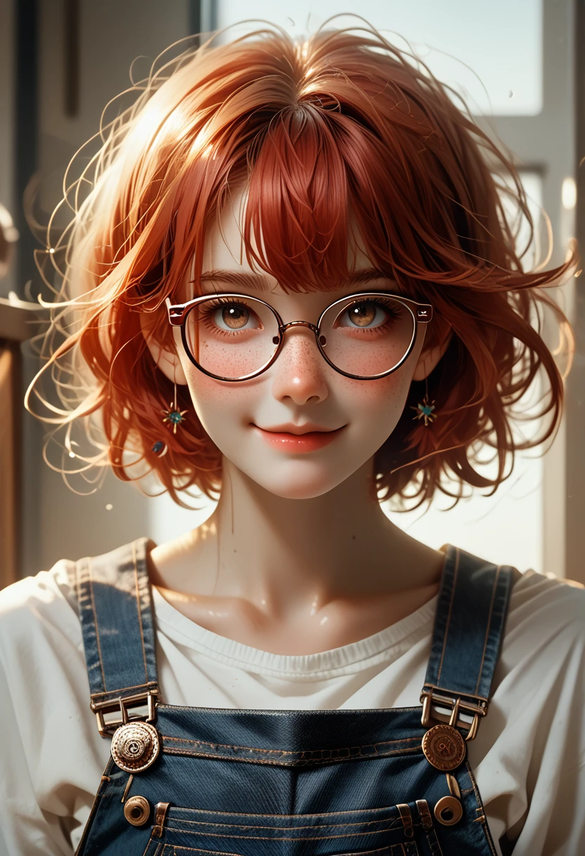 1 girl, short red hair, glasses, freckles, overalls,  smiling,  