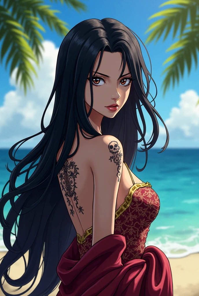ultra realistic 8k cg, (ultra detailed background, delicate pattern, intricate detail, highly detailed, fine details), best quality, (photorealistic:1.4),beautiful lighting, absurdres, RAW photo, film grain, ((medium breasts, slim girl)), BoaHancock, 1girl, solo, black hair, long hair, jewelry, closed mouth, (earrings, black eyes), ((slim girl, medium breasts)), dress, red robe, cape, ((complex detailed background, blue sky, grass, trees, rocks, ocean, nature environment, close-up, portrait)), <lora:DetailTweaker:0.5>, <lora:BoaHancockTest:0.8>