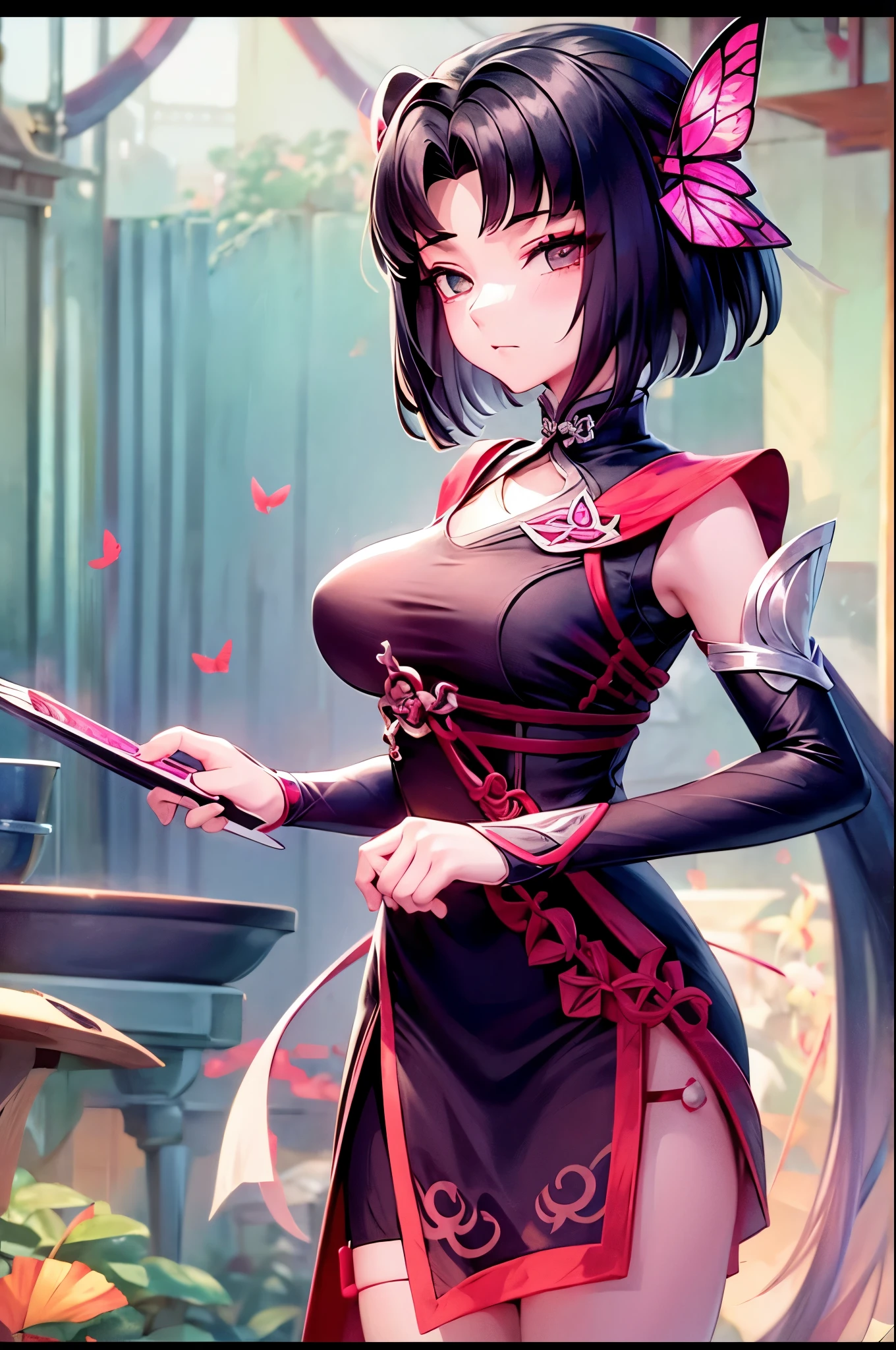 Zhuxin, in bed, black hair ,(cut hair), light shirt and no bra, anime visual of a cute girl, screenshot from the anime film, & her expression is solemn, in the anime film, in an anime, anime visual of a young woman, she has a cute expressive face, still from anime, big breast, red cheek, lustful face, fair skin,butterfly hairpin