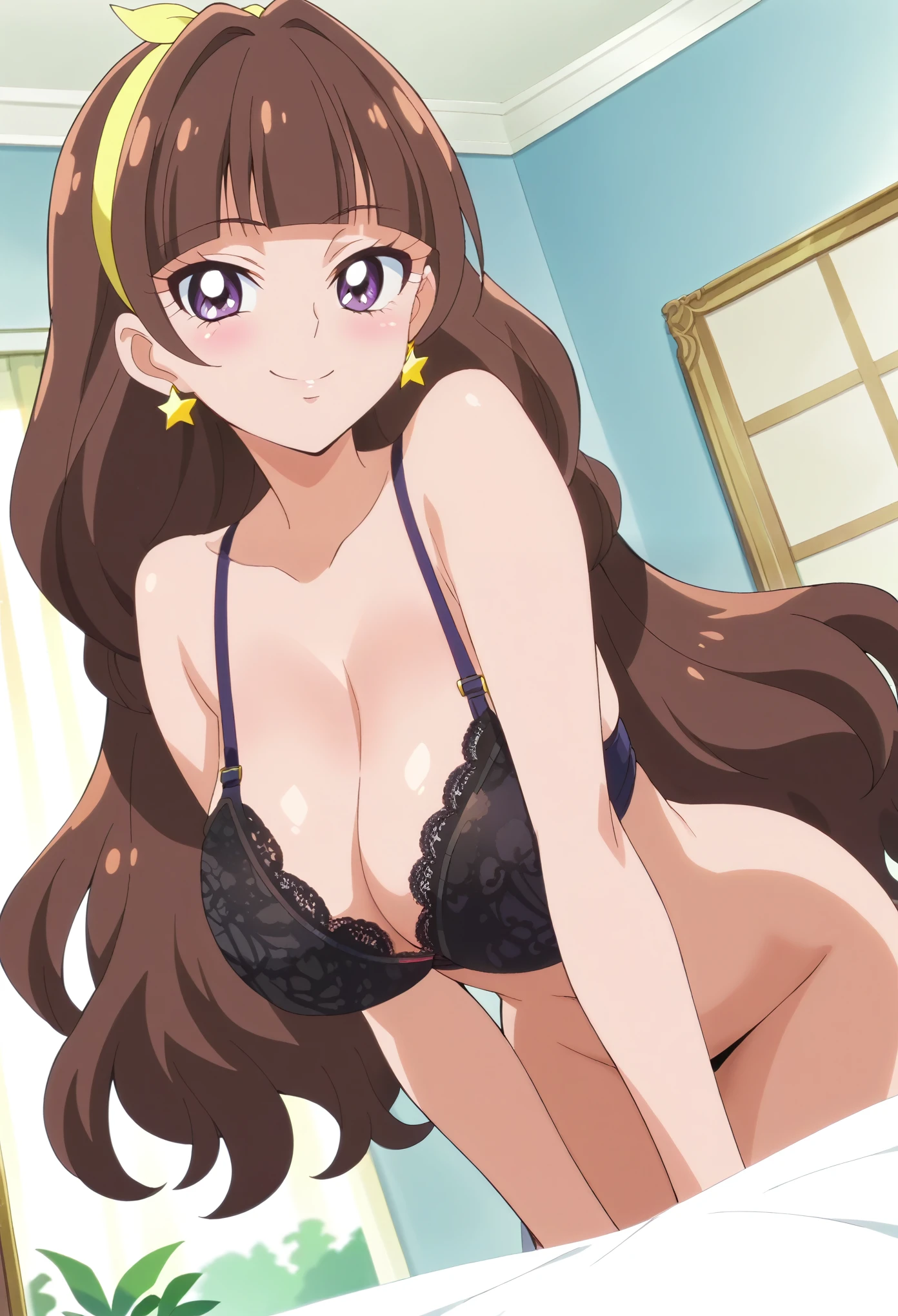 kirara, score_9, score_8_up, score_7_up, official art, anime screencap, source_anime, 1girl, huge breasts, cleavage, lace bra, lace pan, solo, looking at viewer, blush, seductive smile, naughty face, closed mouth, bedroom, bent over, viewdinder, dutch angle