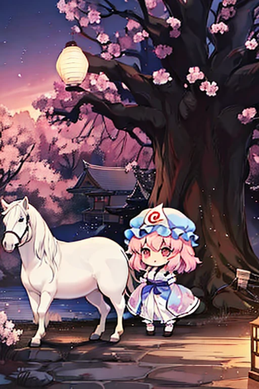 saigyouji yuyuko having a picnic under a cherry blossom tree eating gourmet food, night cherry blossom, moonlit night, drinking sake, having a picnic, small chest, default clothes, saigyouji yuyuko, saigyou_ayakashi, Only_tree, 1Chibi princess, stand next to 🐎, smirk, cute, (Chibi　Riding a pure white horse　Pure white horses together