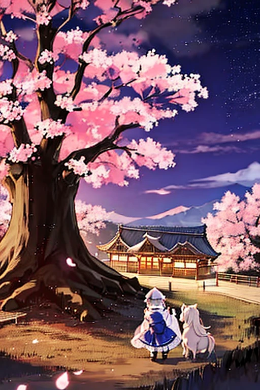 saigyouji yuyuko having a picnic under a cherry blossom tree eating gourmet food, night cherry blossom, moonlit night, drinking sake, having a picnic, small chest, default clothes, saigyouji yuyuko, saigyou_ayakashi, Only_tree, 1Chibi princess, stand next to 🐎, smirk, cute, (Chibi　Riding a pure white horse　Pure white horses together