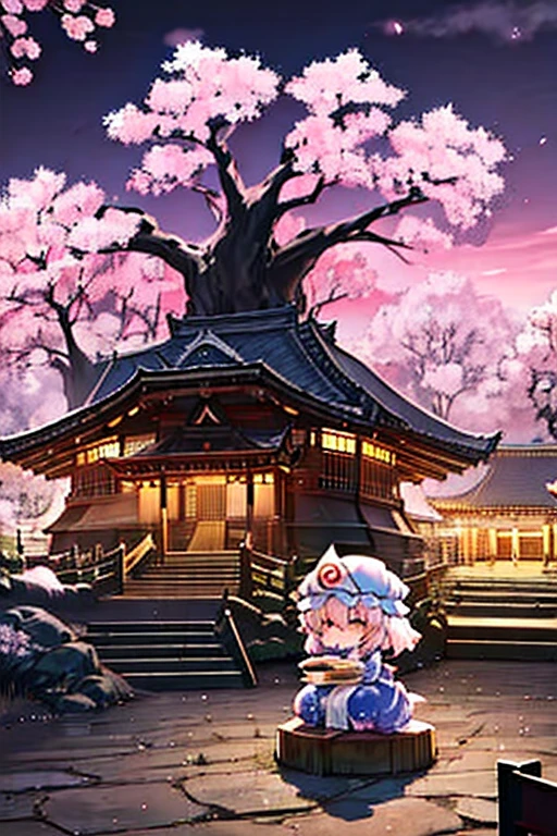 saigyouji yuyuko having a picnic under a cherry blossom tree eating gourmet food, night cherry blossom, moonlit night, drinking sake, having a picnic, small chest, default clothes, saigyouji yuyuko, saigyou_ayakashi, Only_tree, 1Chibi princess, stand next to 🐎, smirk, cute, (Chibi　Riding a pure white horse　Pure white horses together