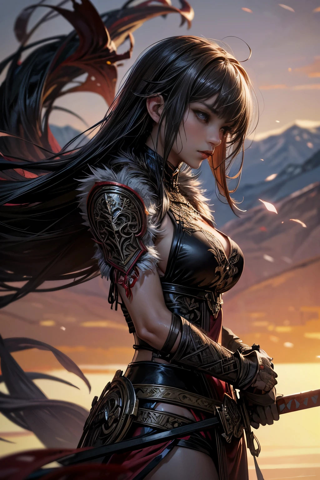 Close-up of a woman holding a sword and a devil, barbarian Female warrior, Female Savage, Woman warrior, とても美しい狂Female warrior, Warrior Girl, very beautiful Female Savage, north Woman warrior, Portrait of a barbarian woman, Epic fantasy digital art style, beautiful Woman warrior, Female warrior, epic digital art illustration, epic fantasy character art, Fantasy Warrior